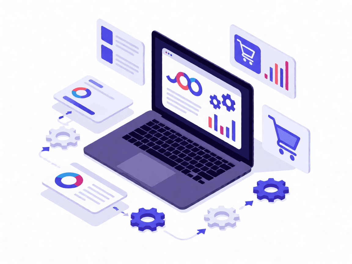 Ilustração isométrica de uma operação de e-commerce com dashboard, carrinho e engrenagens conectadas